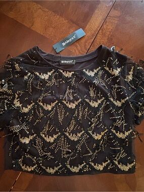 Allegra K Black Top with Gold Sequin Detail